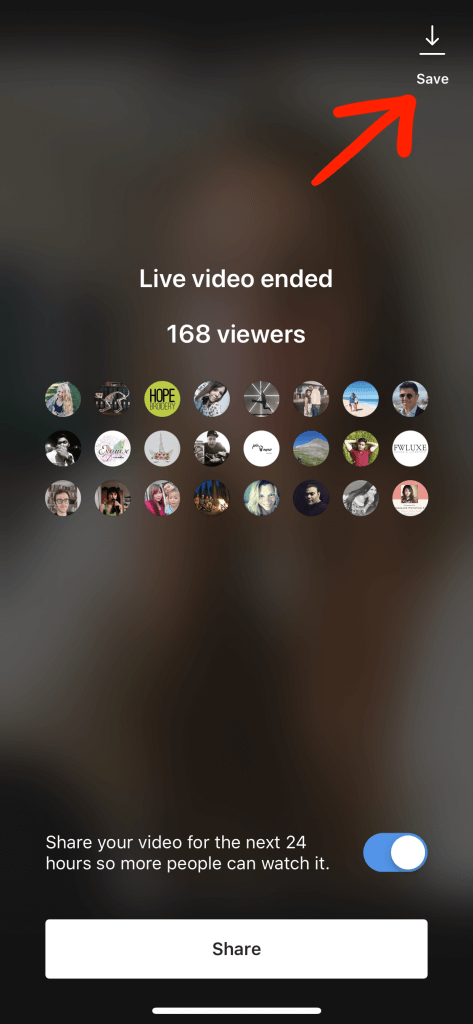Red arrow pointing to "Save" button after Instagram Live has ended