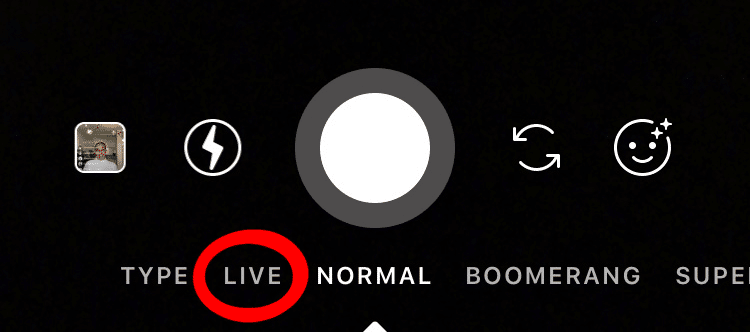 User Interface of Instagram Stories, with a red circle around the option to go Live. 