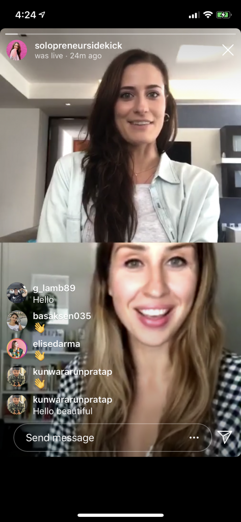 Elise Darma and Solopreneursidekick going Live together on Instagram.
