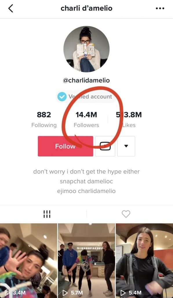 Tiktok profile of Charli D'Amelio with 14.4M followers.