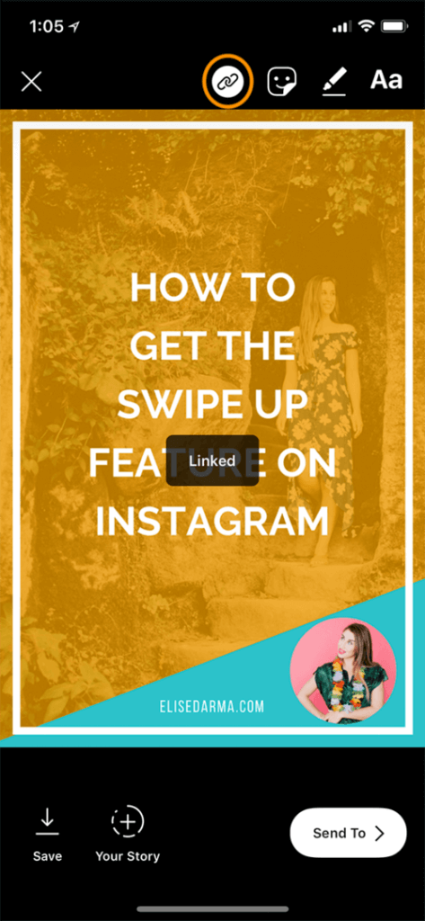 step 7 - linked is seen - then tap add to story elise darma swipe up feature how to step by step instagram.PNG