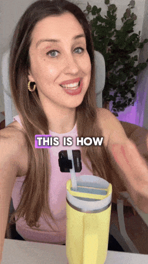 Gif of Elise Darma wearing a light pink tank top, talking to camera. The text on screen reads "This is how you're going to make your first Reel in five minutes."