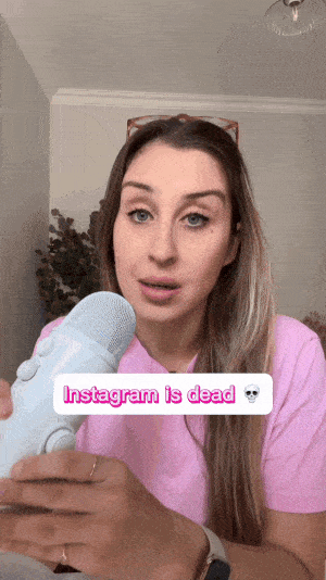 Gif of Elise Darma wearing a light pink tee, talking to camera. The text on screen reads "Instagram is dead."