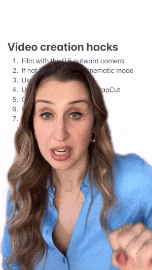 Gif of Elise Darma wearing a light blue button up talking in front of a green screen. Behind her is a screenshot of the Notes app, with the headline "Video creation hacks." Elise blocks the remaining text, enticing viewers to watch more.