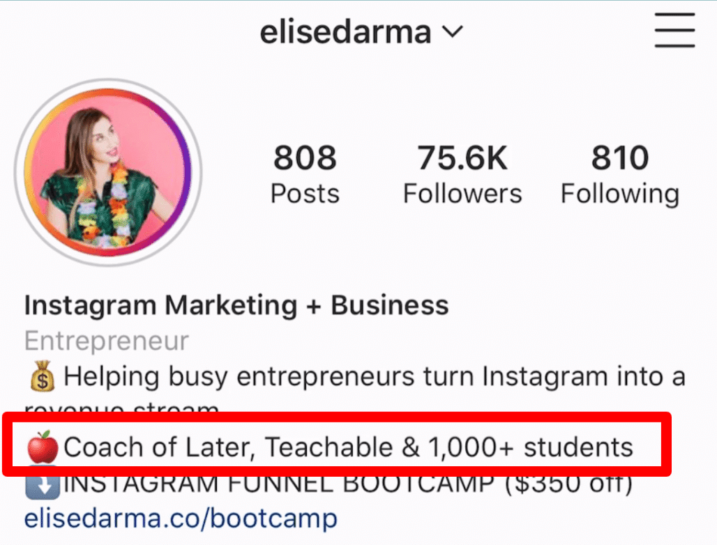 Elise Darma Instagram bio: "Coach of Later, Teachable & 1,000+ students"