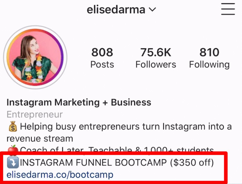Elise Darma's Instagram bio: "INSTAGRAM FUNNEL BOOTCAMP ($350 off) elisedarma.co/bootcamp"