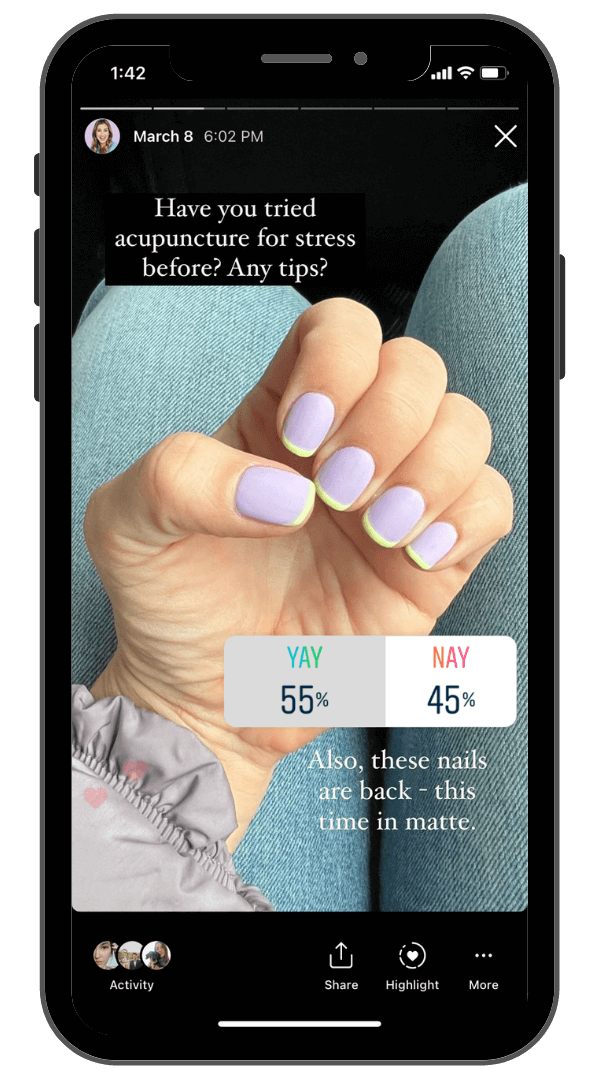 Instagram Story showing colorful nails with a poll asking for opinion