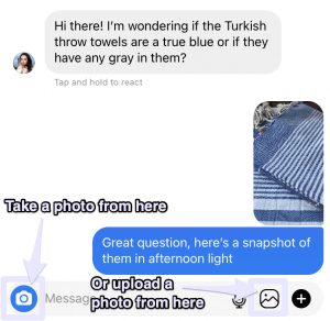 Instagram direct message asking for clarification on the colour of a set of towels, and them providing clear image of the product in order to sell on Instagram