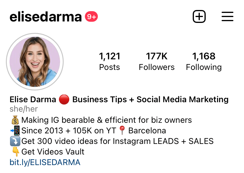 Screenshot of Elise Darma's Instagram bio.