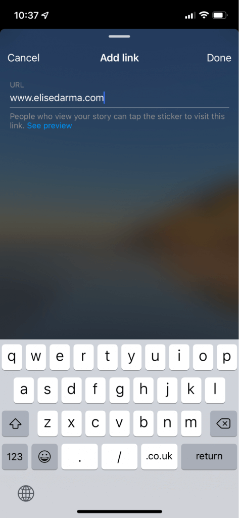 Screenshot of the add link feature of instagram story