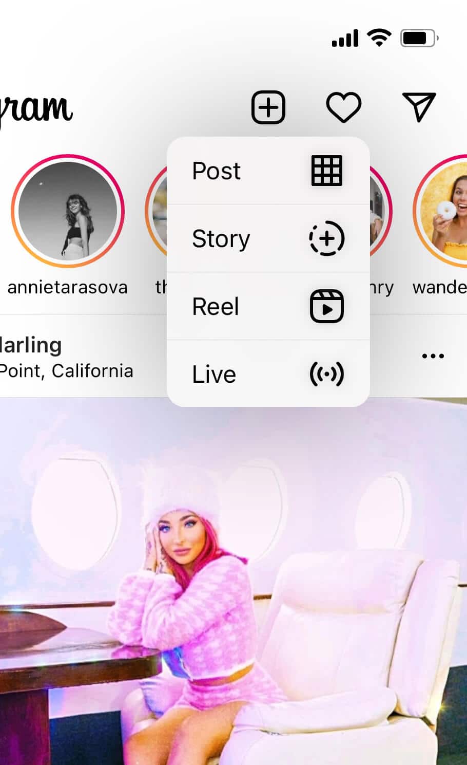 screenshot of instagram showing how to post a story.