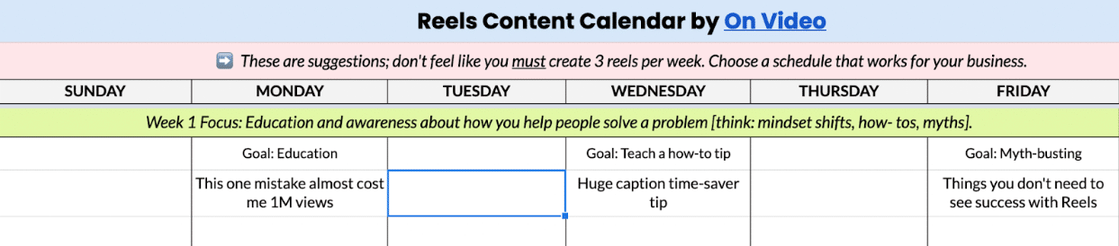 Screenshot of a Google sheet calendar titled Reels Content Calendar by On Video