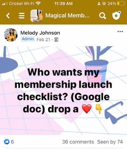 Facebook post from Melody asking, "Who wants my membership launch checklist?"