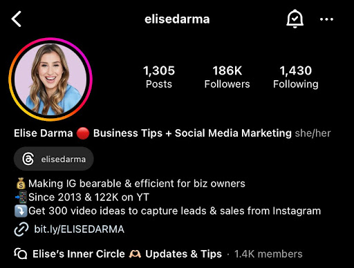 Elise Darma's Instagram bio, highlighting the keywords "business tips" and "social media marketing."