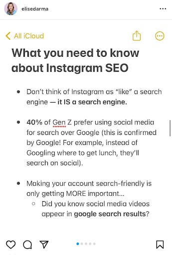 Screenshot of a Notes app text titled "What you need to know about Instagram SEO."