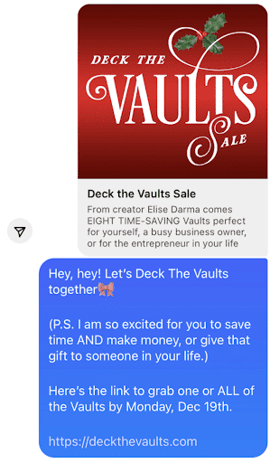 Example of an Instagram DM automation promoting the Deck the Vaults sale.