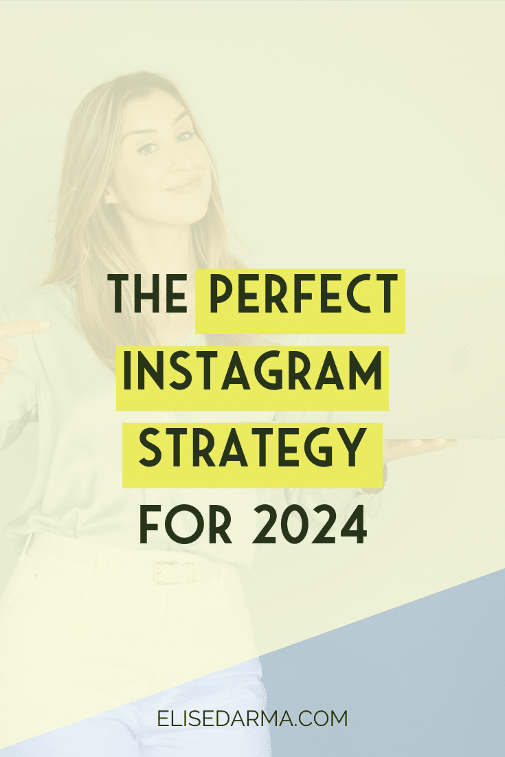 Woman wearing blue suit against light blue background, holding her lap and looking at screen in surprise. Overlay of text reads "The Perfect Instagram Strategy for 2024."